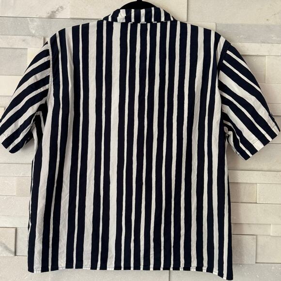MARIMEKKO FOR UNIQLO 100% Cotton Boxy Bold Blue White Stripe Short Slv Shirt M - Picture 3 of 5